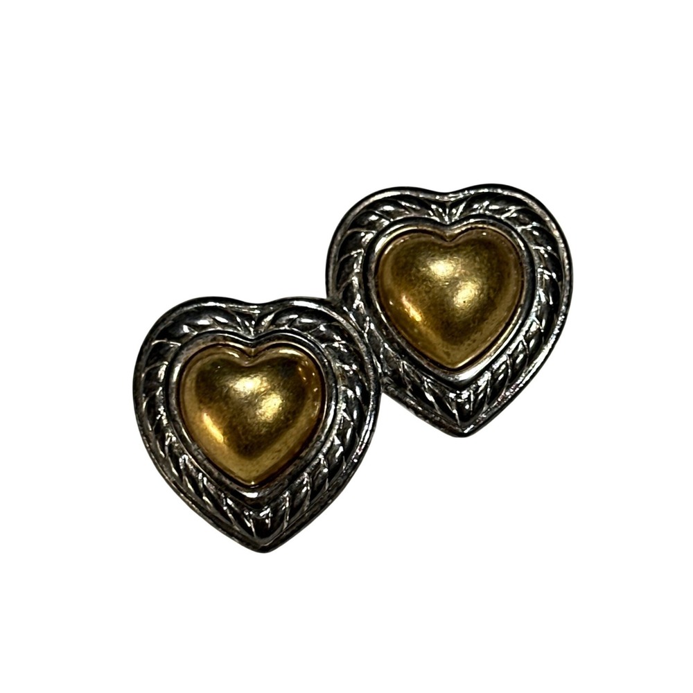 Vintage Mixed Metal Double Heart Brooch Silver Gold Tone Textured Pin Accessory